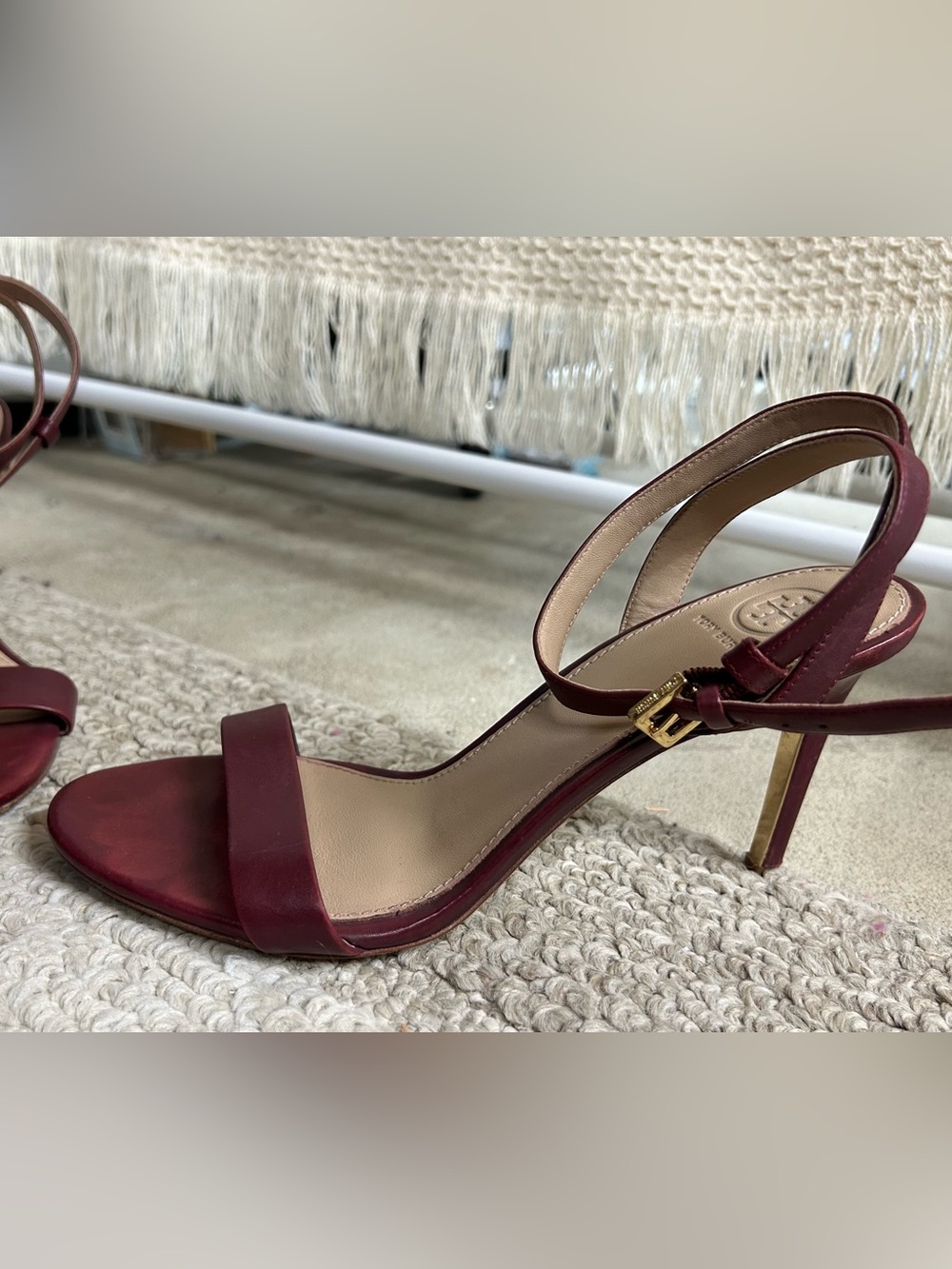 Tory Burch Burgundy Ankle-Strap Stiletto Sandals - Picture 3 of 5